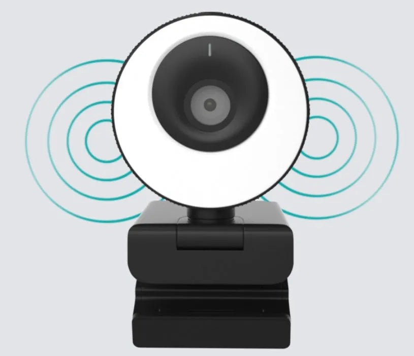 Black USB webcam with magnetic privacy cover on a laptop screen