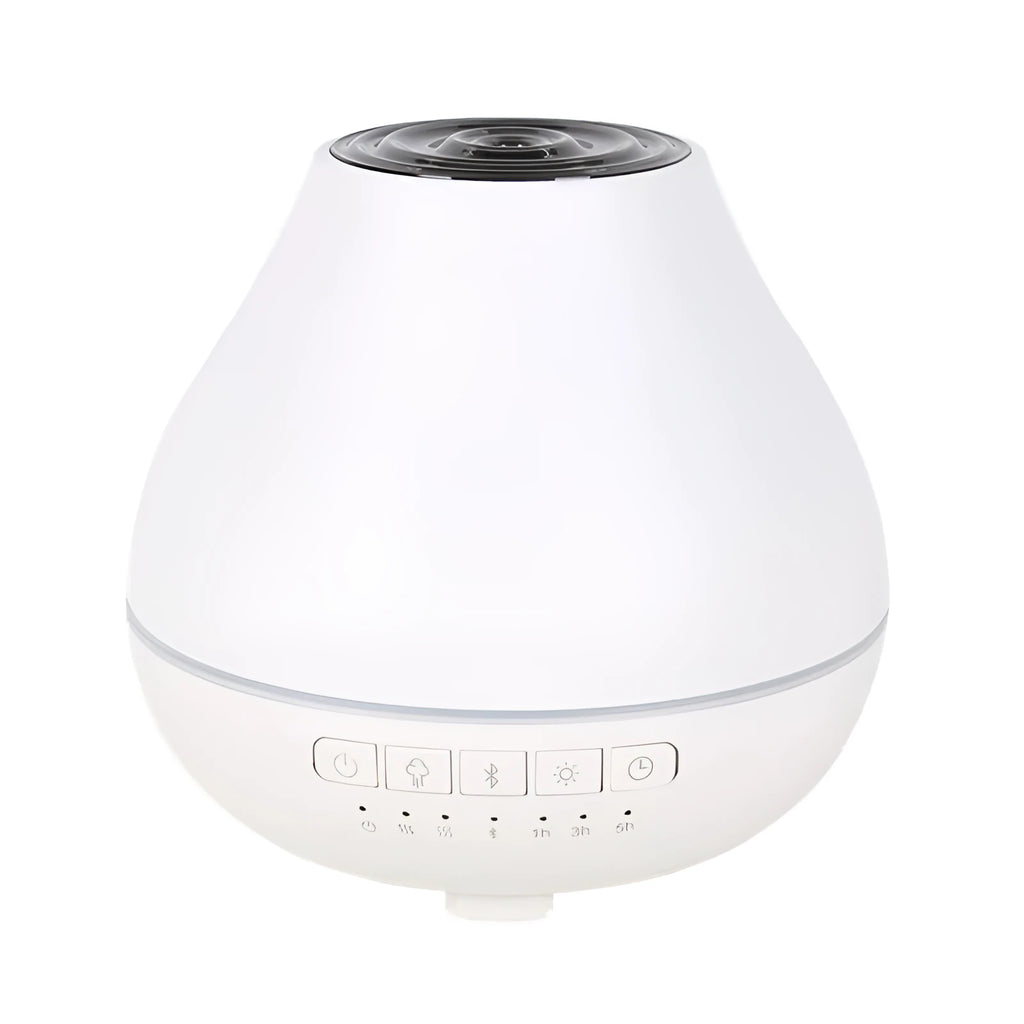 White round Bluetooth humidifier and essential oil aroma diffuser with night light.