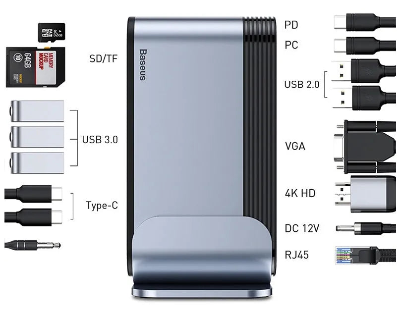 Deep space grey 16-in-1 Type-C docking station hub with multiple connectivity ports