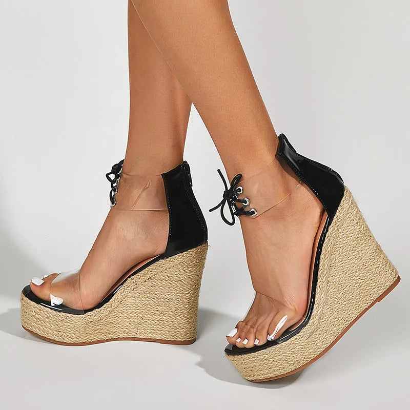 Black women's wedge sandals with hemp rope design, high 8cm platform heel, and adjustable front tie closure.