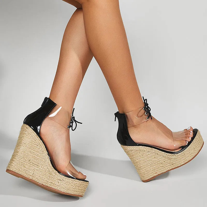 Black women's wedge sandals with hemp rope design, high 8cm platform heel, and adjustable front tie closure.