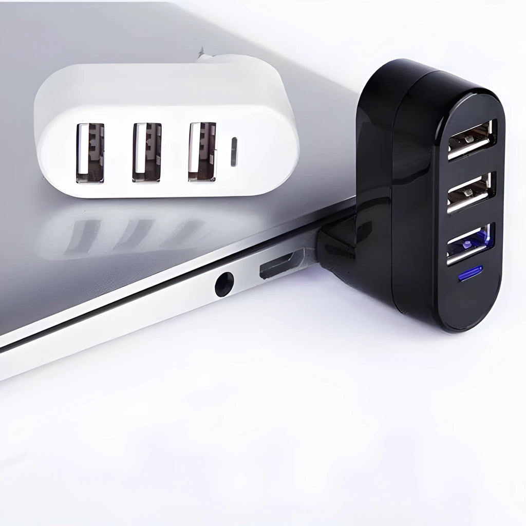 Black and white USB hub splitter with multiple USB ports for computer expansion