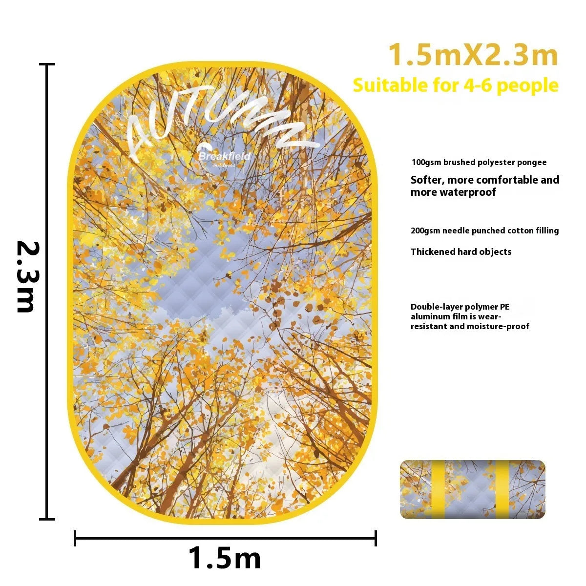 Waterproof picnic mat in brushed fabric showing two size options for 4-8 people outdoor use