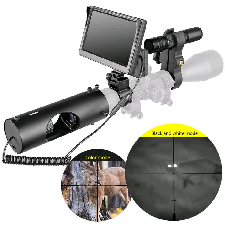 Black digital night vision goggles with a large front lens and a 5-inch LCD display screen on the unit.