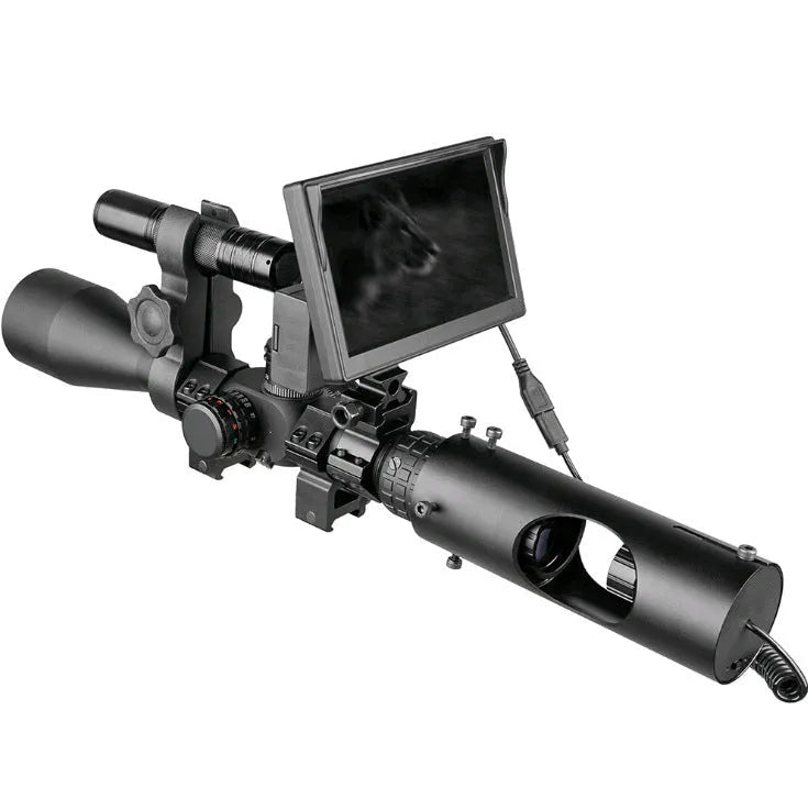 Black digital night vision goggles with a large front lens and a 5-inch LCD display screen on the unit.