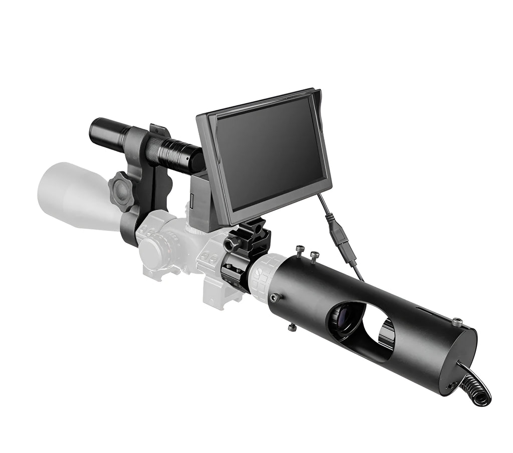 Black digital night vision goggles with a large front lens and a 5-inch LCD display screen on the unit.
