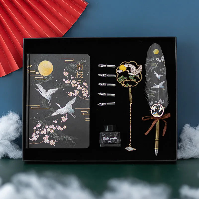 Chinese style feather pen and matching notebook set with metal sheath in traditional colours