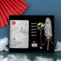 Chinese style feather pen and matching notebook set with metal sheath in traditional colours