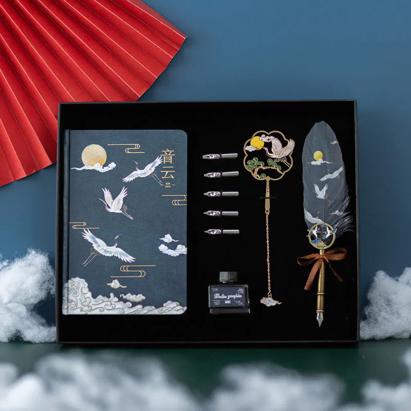 Chinese style feather pen and matching notebook set with metal sheath in traditional colours
