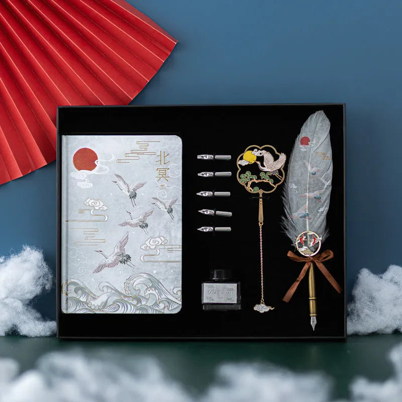Chinese style feather pen and matching notebook set with metal sheath in traditional colours