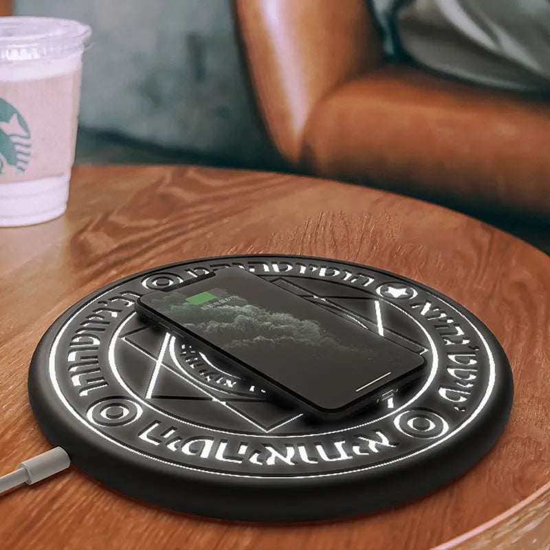 Square 25cm wireless phone charger with magic array light pattern on thin black ABS base
