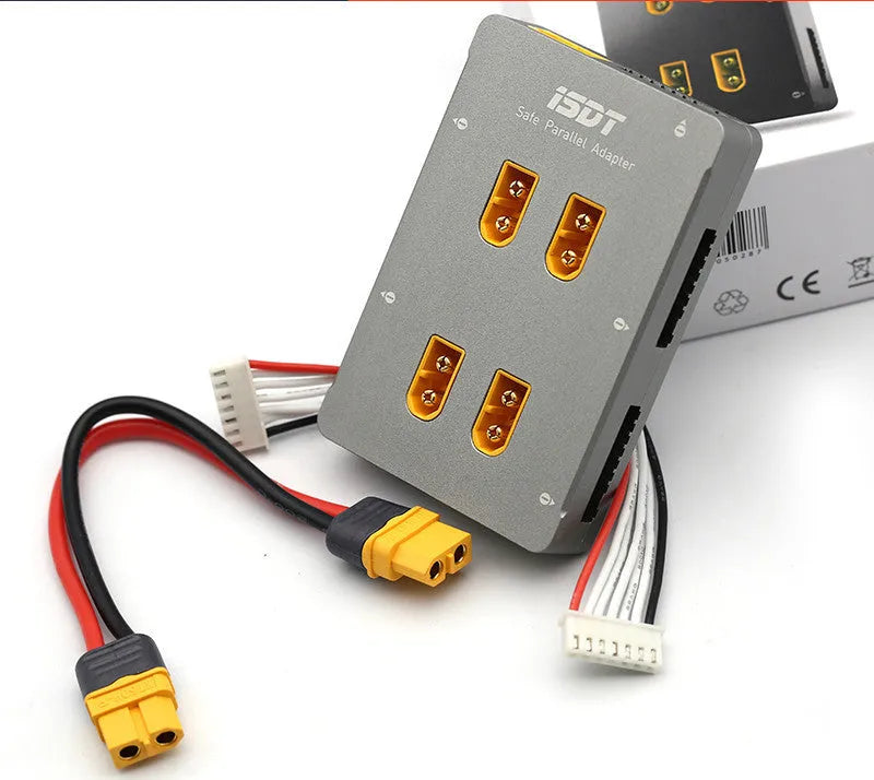 Grey parallel charging board for RC model and drone batteries.