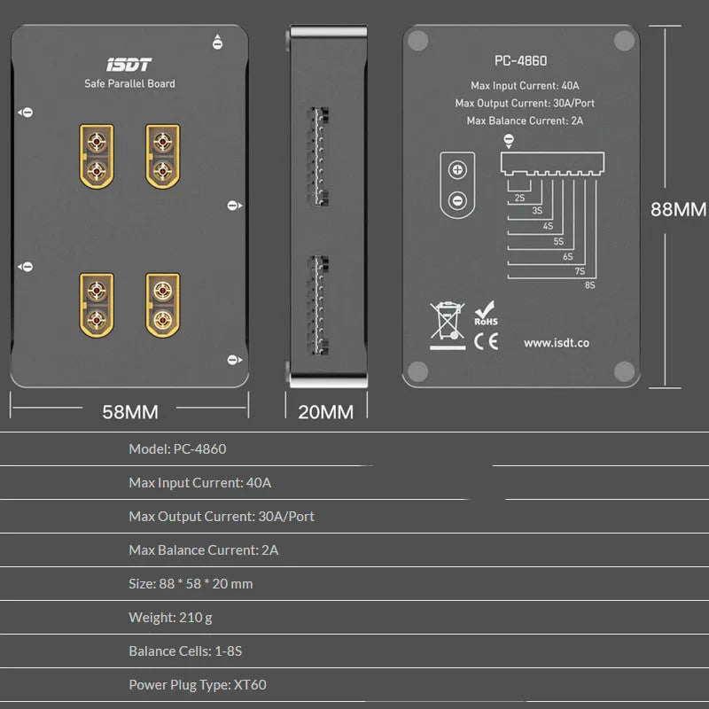 Grey parallel charging board for RC model and drone batteries.