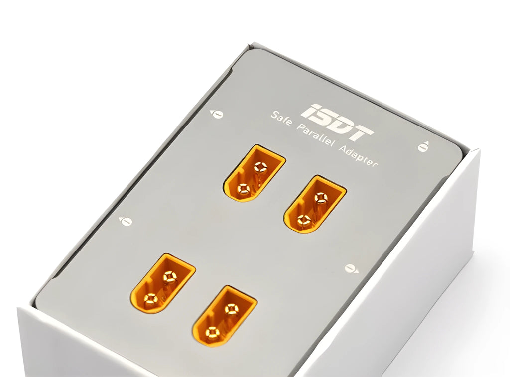 Grey parallel charging board for RC model and drone batteries.