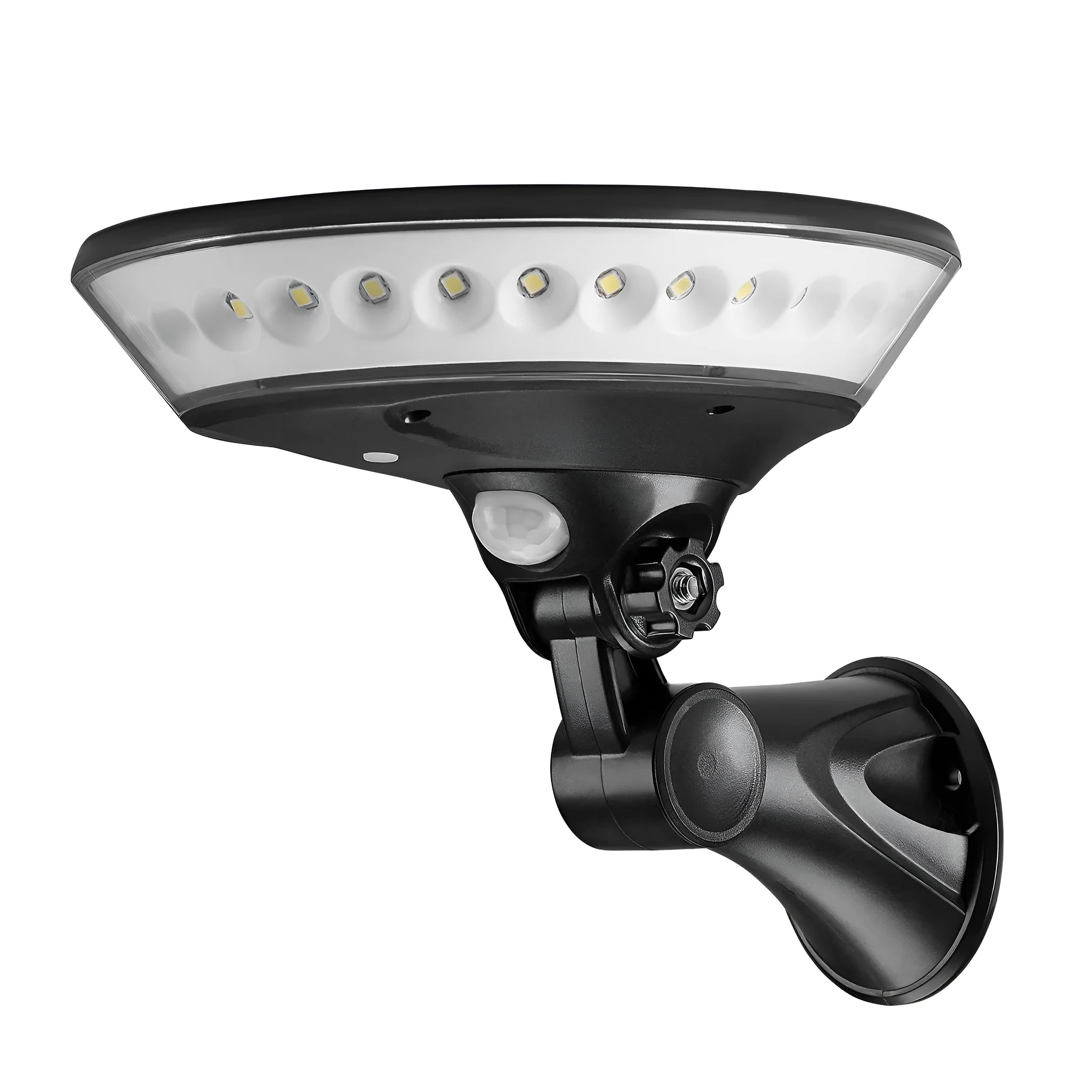 White outdoor solar light with 360-degree dome design on a stake, featuring a top-mounted solar panel.