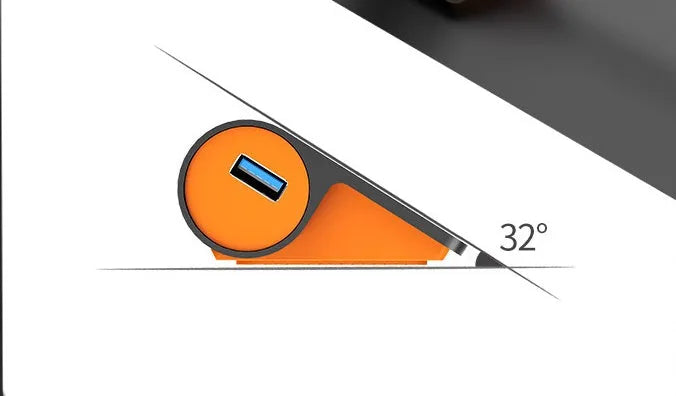 Dark grey aluminium USB hub with four orange-trimmed ports and a long black data cable.