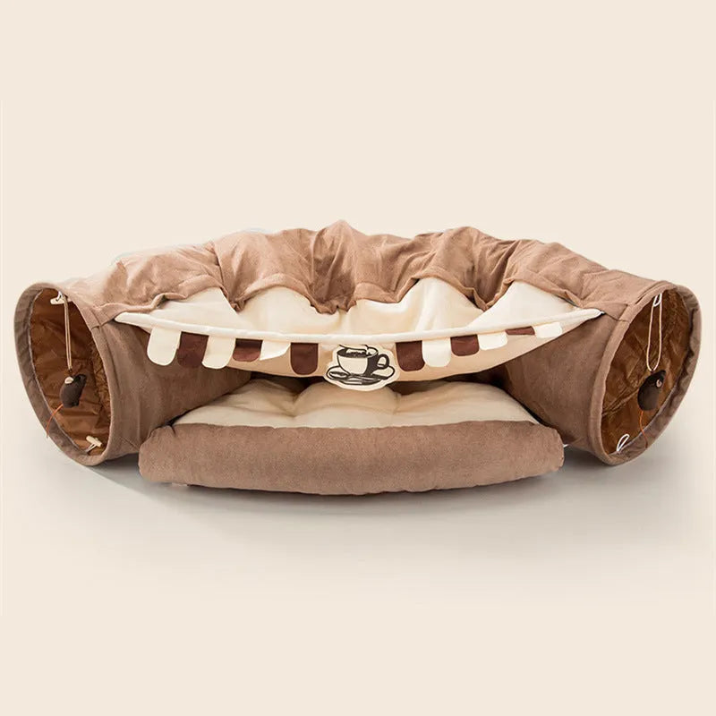 Collapsible cloth cat tunnel in choice of bar, coffee, matcha, or pink colours, shown folded and unfolded