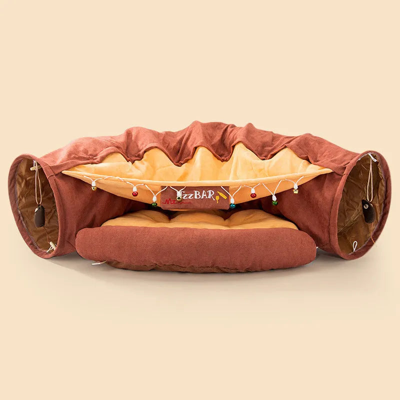 Collapsible cloth cat tunnel in choice of bar, coffee, matcha, or pink colours, shown folded and unfolded