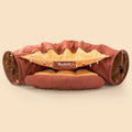 Collapsible cloth cat tunnel in choice of bar, coffee, matcha, or pink colours, shown folded and unfolded
