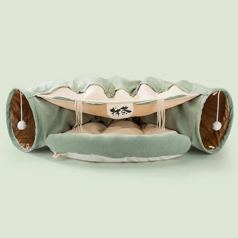 Collapsible cloth cat tunnel in choice of bar, coffee, matcha, or pink colours, shown folded and unfolded