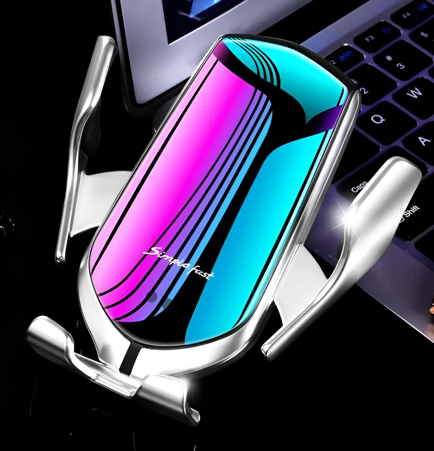 Magic Clip R1 automatic car phone holder with wireless charging in gold or silver for dashboard or air vent mounting