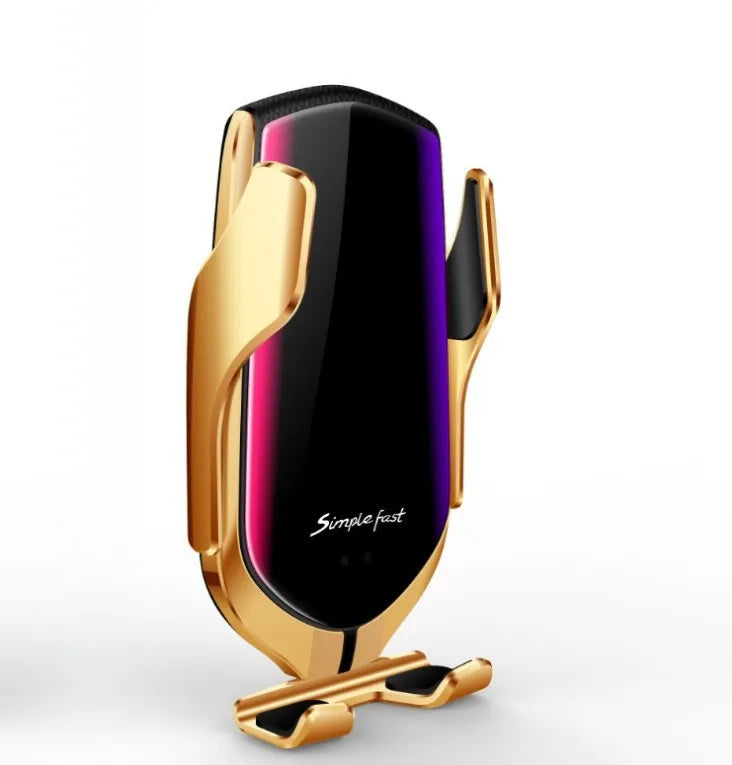 Magic Clip R1 automatic car phone holder with wireless charging in gold or silver for dashboard or air vent mounting