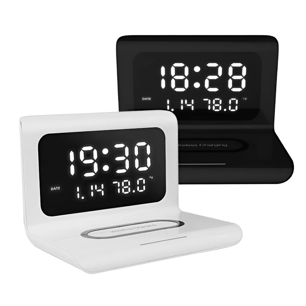 White wireless charger alarm clock showing perpetual calendar display with temperature and humidity readings
