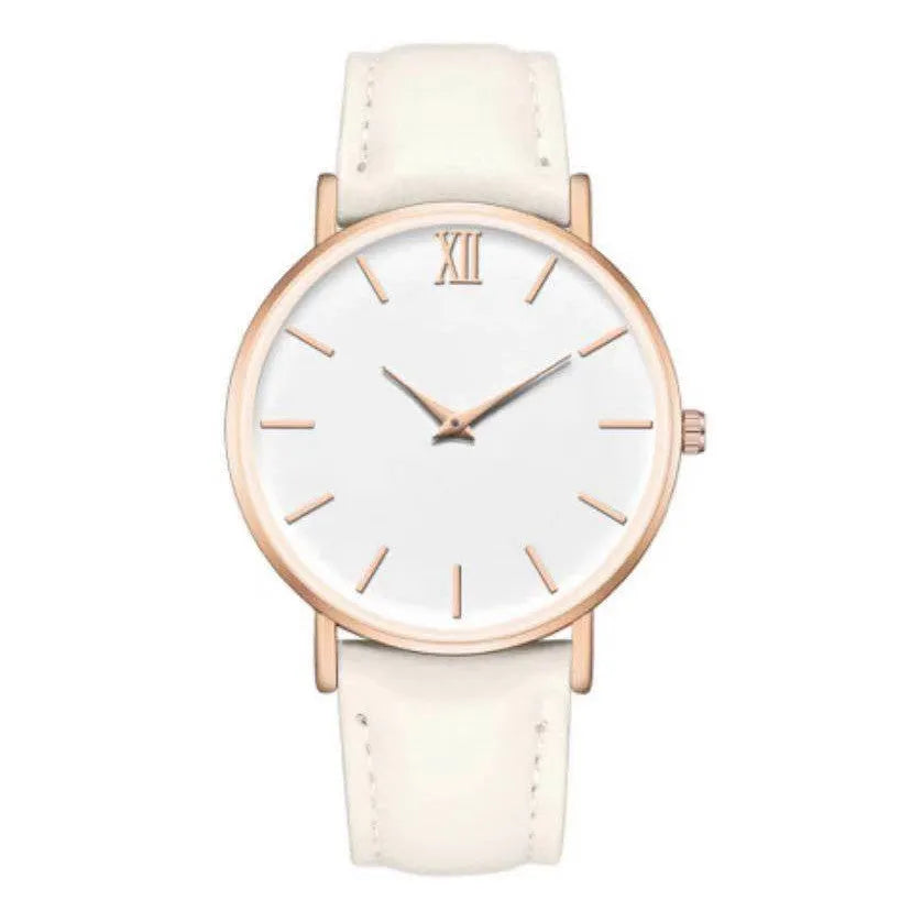 Ladies quartz watch with 38mm round alloy case, 8mm thickness, imitation leather strap, stainless steel pin buckle, five colours