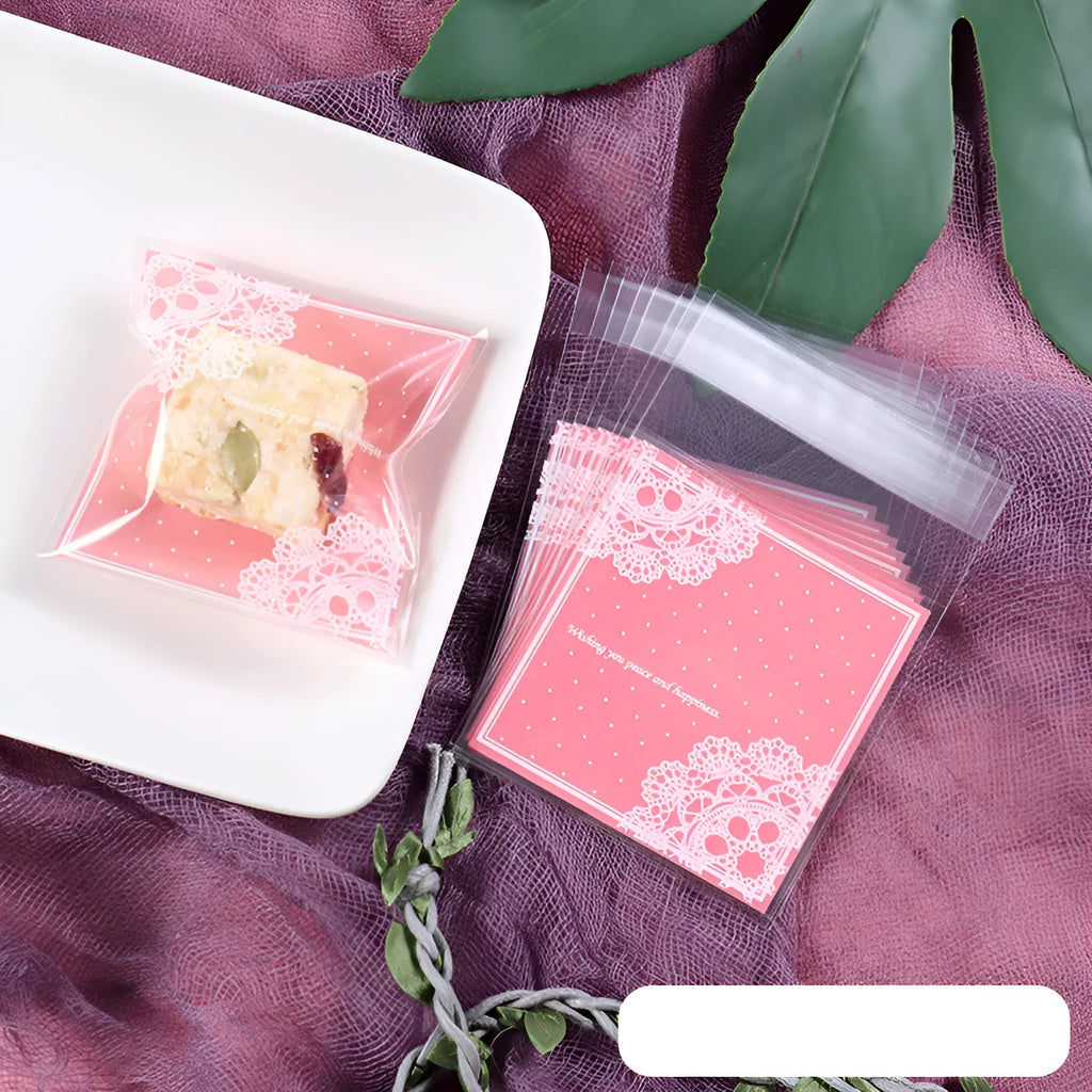 Pink self-adhesive plastic packaging bags for handmade soap with UV printed finish