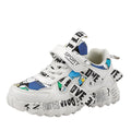 Blue and beige boys' velcro sports sneakers with a thick rubber sole on a white background.