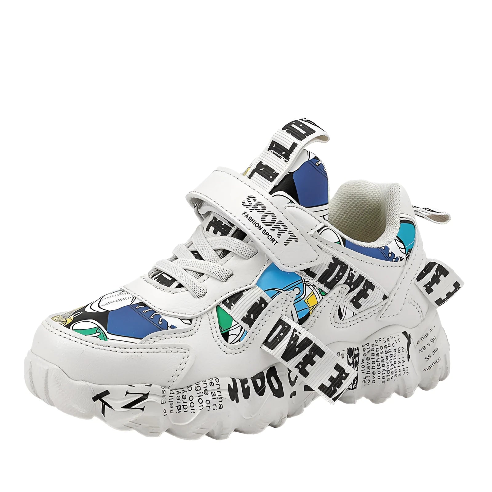Blue and beige boys' velcro sports sneakers with a thick rubber sole on a white background.
