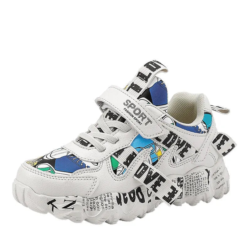 Blue and beige boys' velcro sports sneakers with a thick rubber sole on a white background.