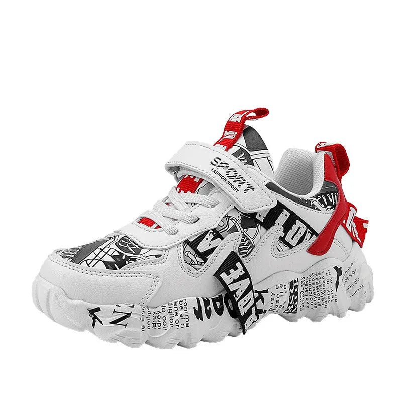 Blue and beige boys' velcro sports sneakers with a thick rubber sole on a white background.