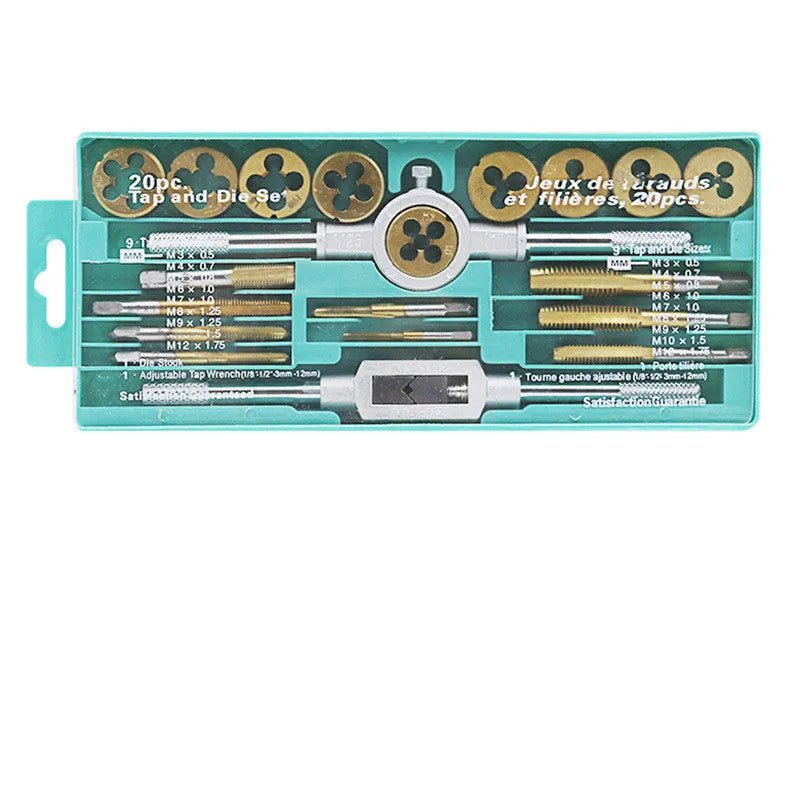 20-piece metric tap and die hand tool set with alloy steel construction