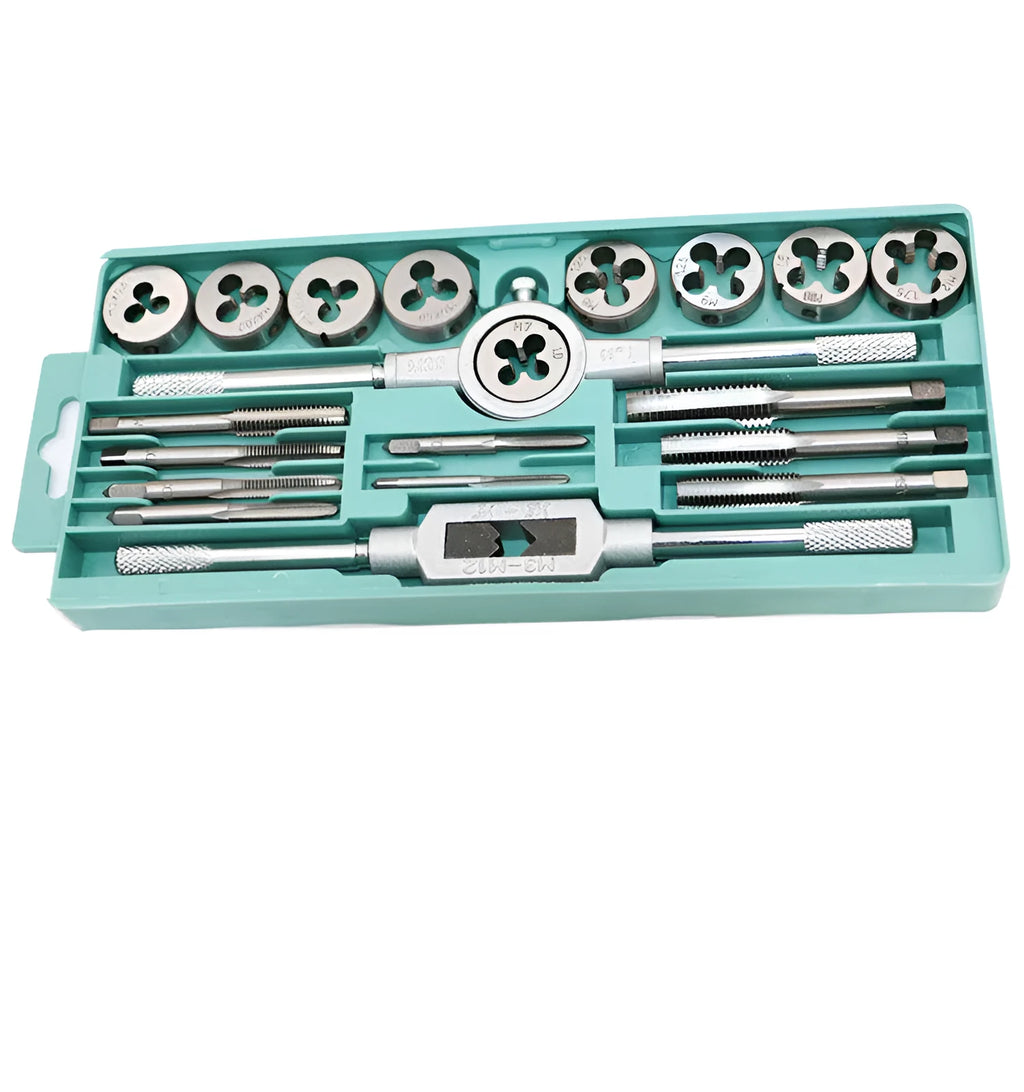 20-piece metric tap and die hand tool set with alloy steel construction
