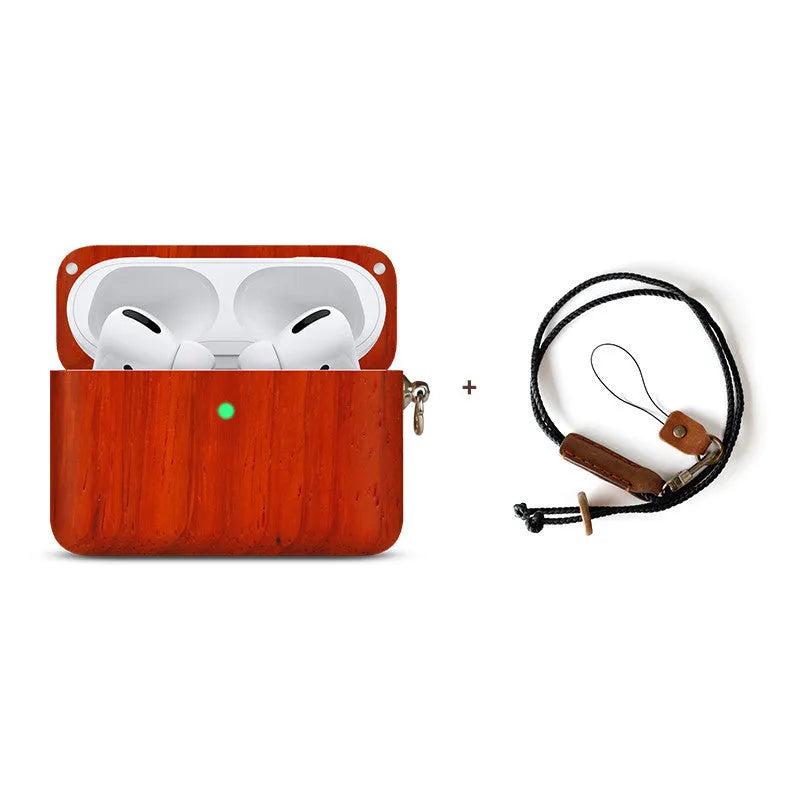 Solid wood Bluetooth earphone sleeve in bamboo finish with lanyard for wireless earphone case protection