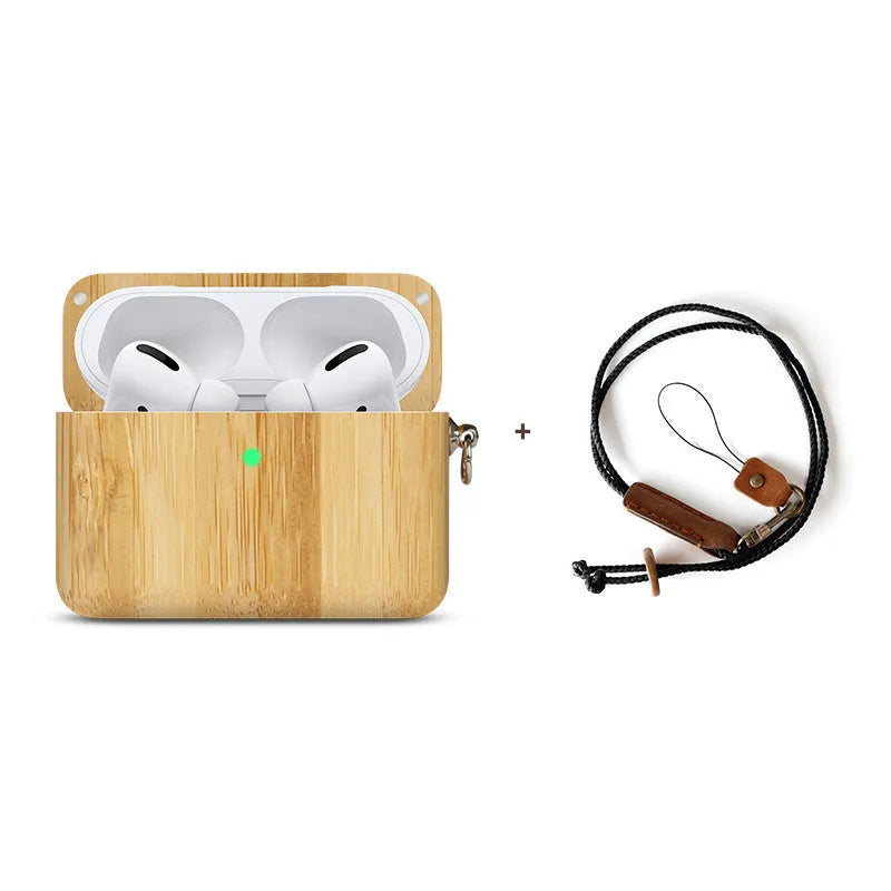 Solid wood Bluetooth earphone sleeve in bamboo finish with lanyard for wireless earphone case protection