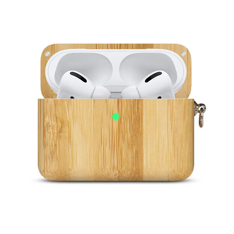 Solid wood Bluetooth earphone sleeve in bamboo finish with lanyard for wireless earphone case protection