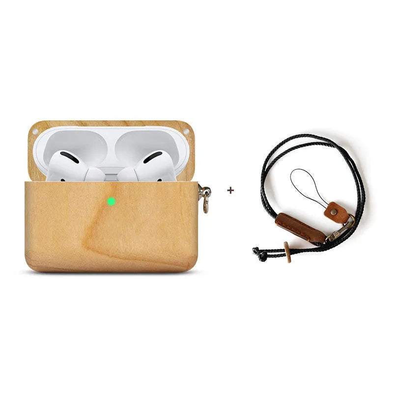 Solid wood Bluetooth earphone sleeve in bamboo finish with lanyard for wireless earphone case protection