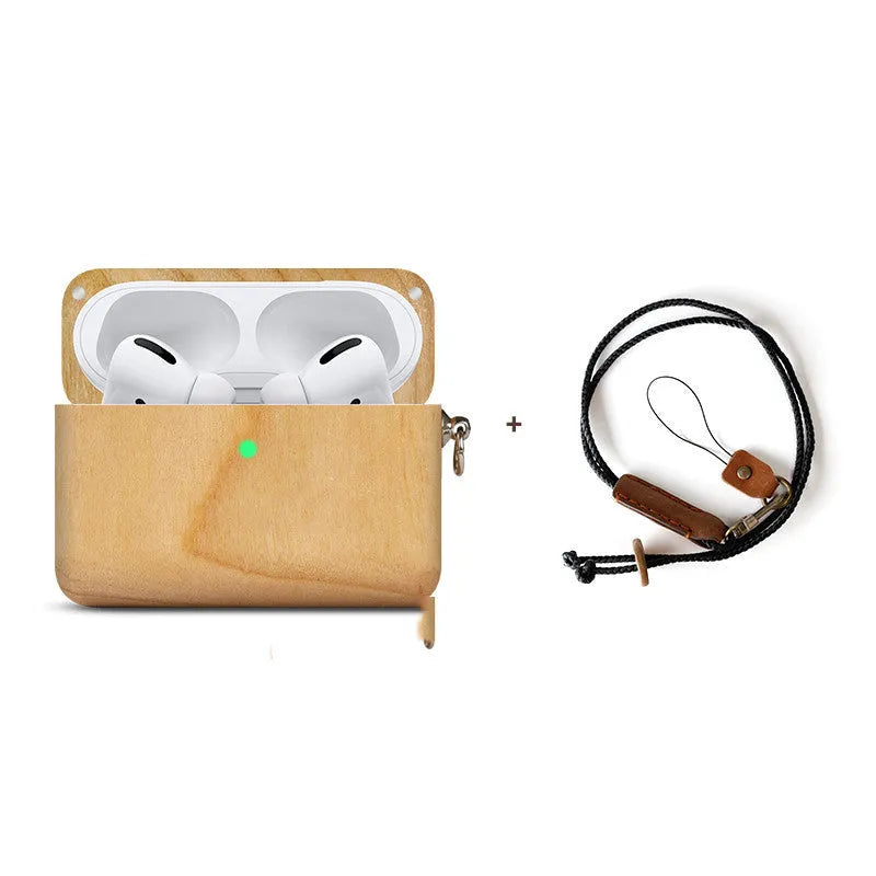 Solid wood Bluetooth earphone sleeve in bamboo finish with lanyard for wireless earphone case protection