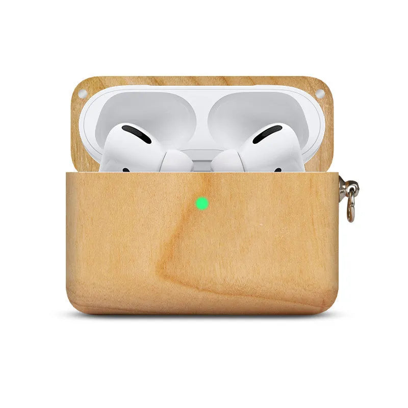 Solid wood Bluetooth earphone sleeve in bamboo finish with lanyard for wireless earphone case protection
