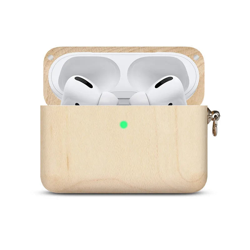 Solid wood Bluetooth earphone sleeve in bamboo finish with lanyard for wireless earphone case protection
