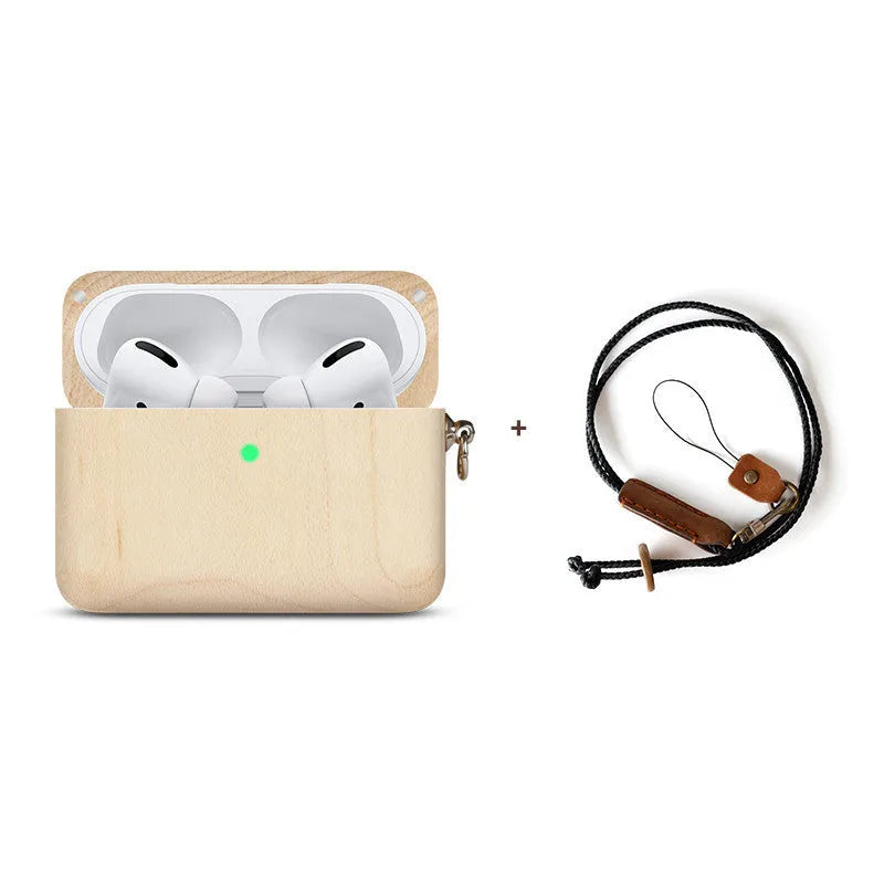 Solid wood Bluetooth earphone sleeve in bamboo finish with lanyard for wireless earphone case protection