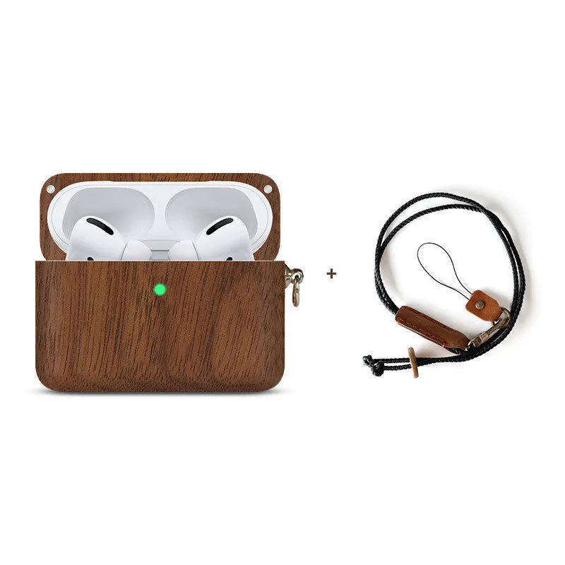 Solid wood Bluetooth earphone sleeve in bamboo finish with lanyard for wireless earphone case protection