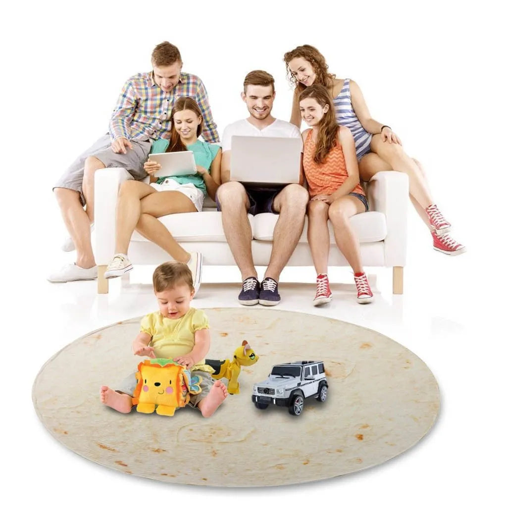 Round shape flannel burrito blanket with food-themed printing showing coral fleece texture