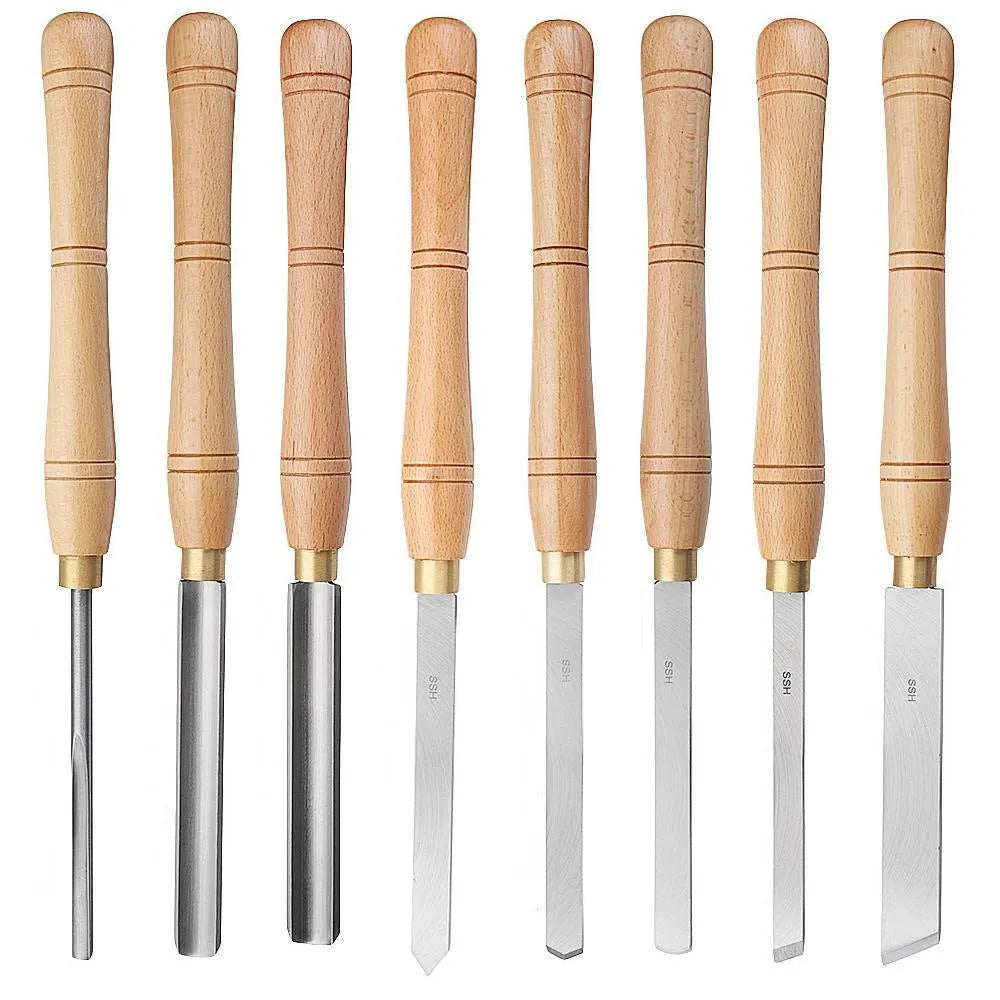 High-end 8-piece wooden box containing chrome vanadium steel wood turning tools.