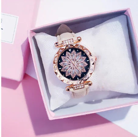 Round 32mm women's diamond watch with a PU case on a wrist, showing colour options like red, purple, and black.