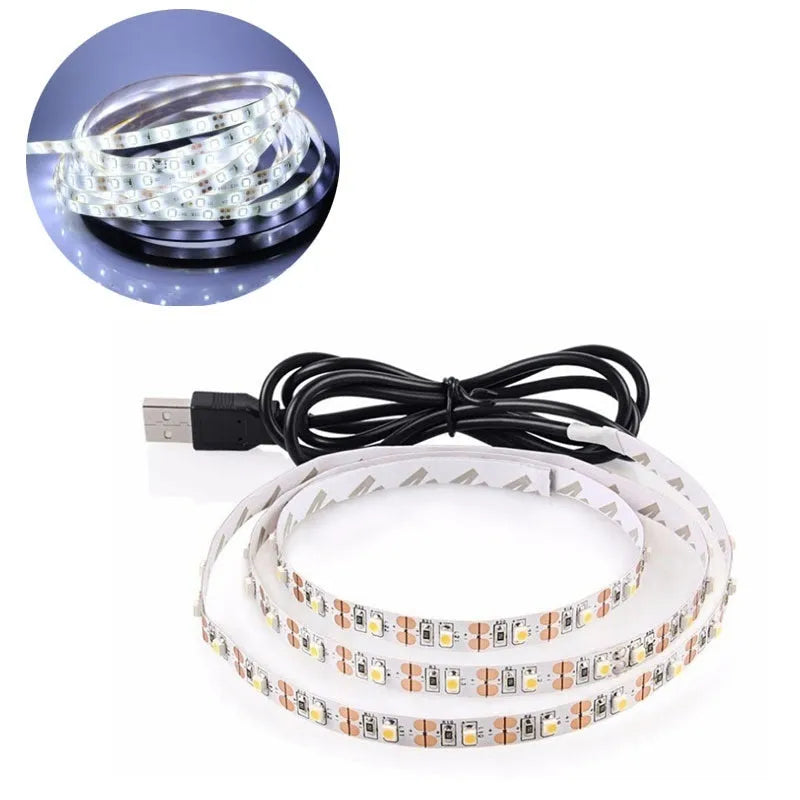 1 metre long USB-powered LED light strip showing multiple colour options including white, blue, and red LEDs.