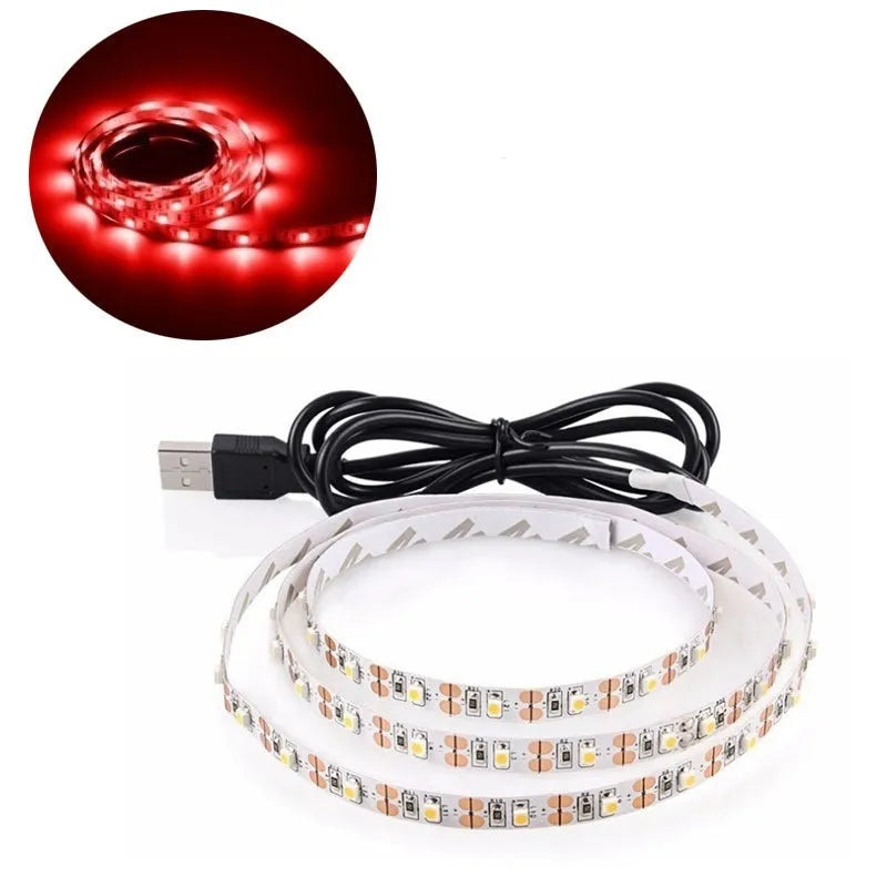 1 metre long USB-powered LED light strip showing multiple colour options including white, blue, and red LEDs.