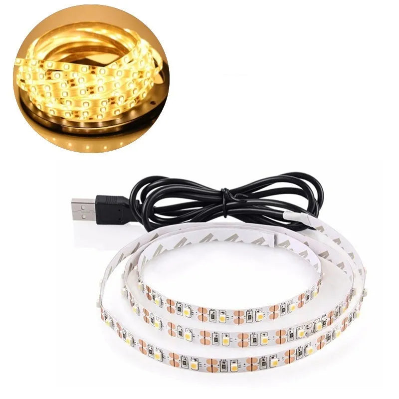 1 metre long USB-powered LED light strip showing multiple colour options including white, blue, and red LEDs.